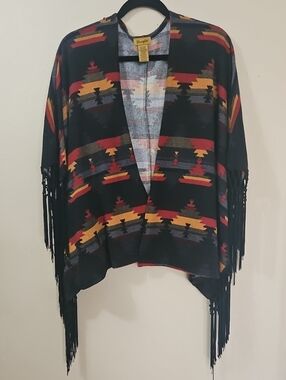 Wrangler Black Aztec Fringe Poncho with Red and Gold Accents